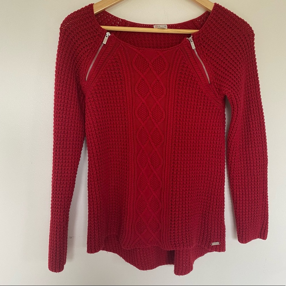 Guess Red Knit Double Zipper Sweater Long-sleeve XS/Petite